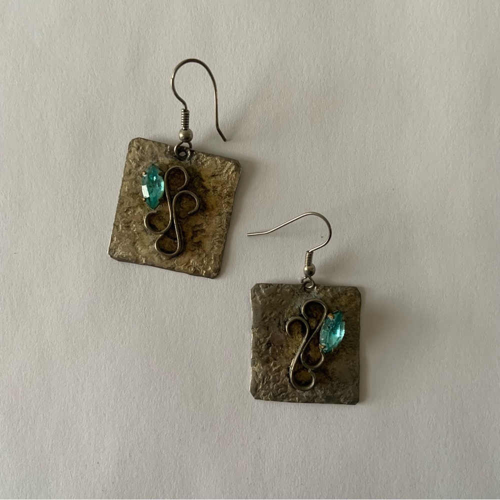 Silver Pewter and Blue Gem Stone Dangle Drop Large Dramatic Earrings